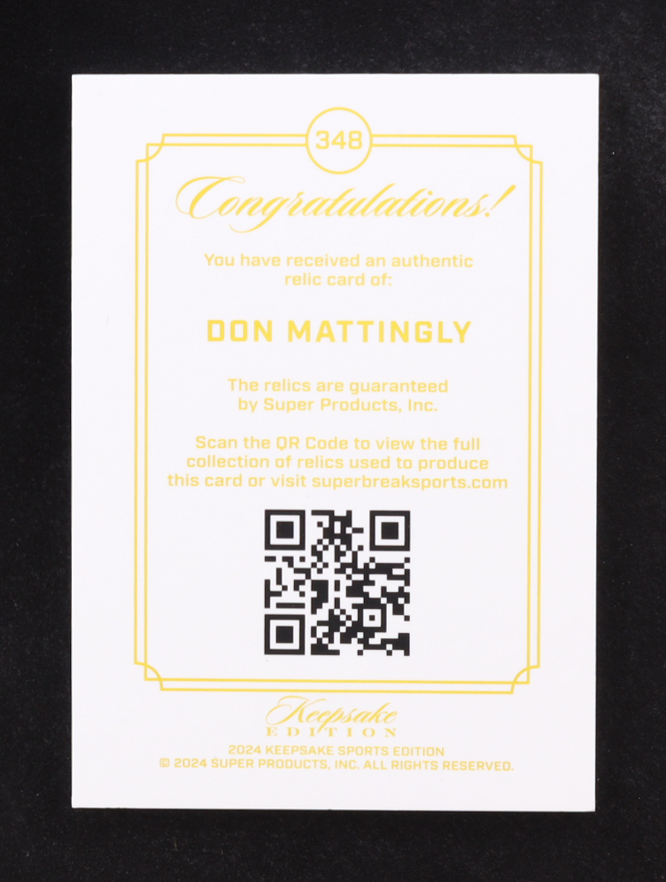 Don Mattingly 2024 Keepsake Sports Edition Gem Relic Authentic #348 #91/99 at PristineAuction.com Don Mattingly 2024 Keepsake Sports Edition Gem Relic Authentic #348 #91/99 at PristineAuction.com