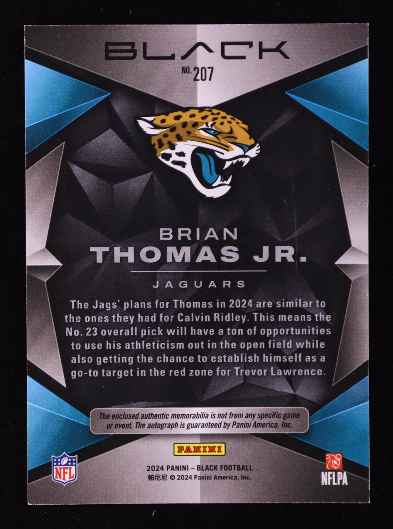 Brian Thomas Jr. 2024 Panini Black #207 Jersey Autograph RC #30/249 at PristineAuction.com Brian Thomas Jr. 2024 Panini Black #207 Jersey Autograph RC #30/249 at PristineAuction.com