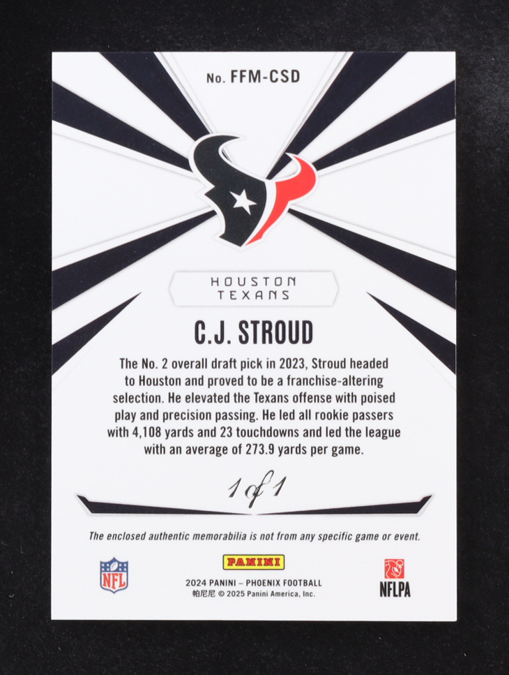 CJ Stroud 2024 Panini Phoenix Franchise Future Materials Laundry Tag NFL Shield #2 #1/1 at PristineAuction.com CJ Stroud 2024 Panini Phoenix Franchise Future Materials Laundry Tag NFL Shield #2 #1/1 at PristineAuction.com
