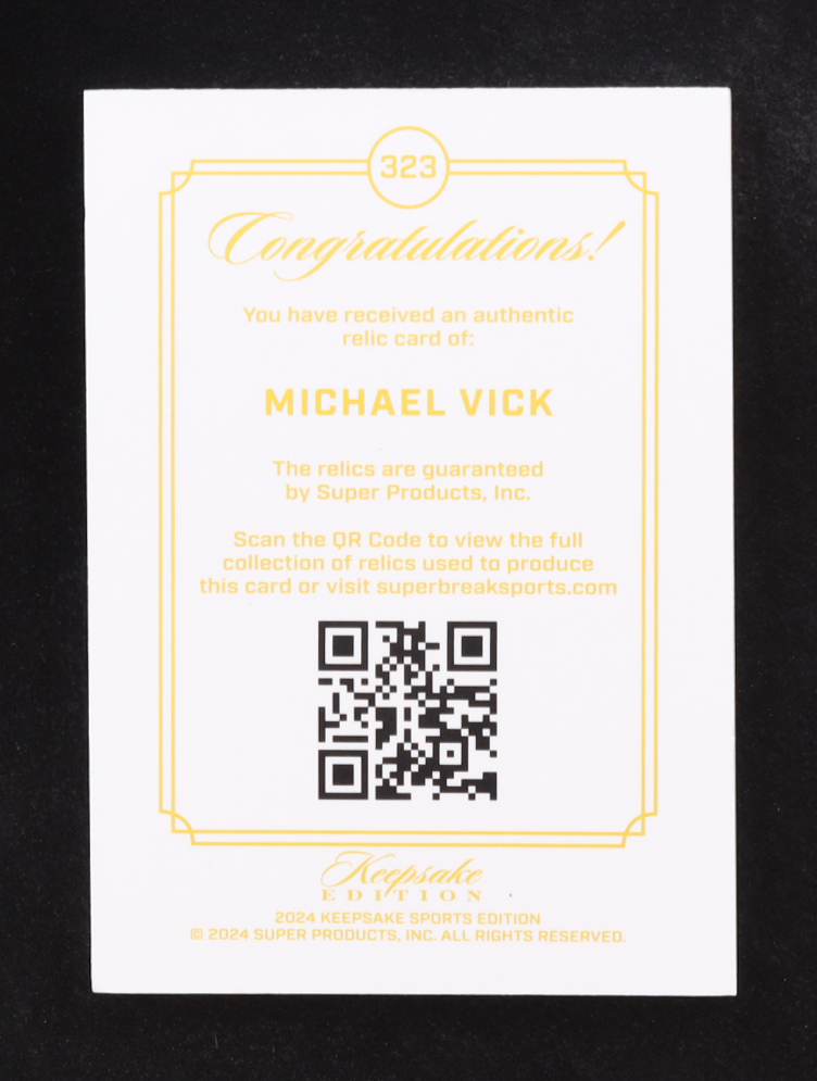 Michael Vick Keepsake Sports Edition Gem Relic Authentic #323 51/99 at PristineAuction.com Michael Vick Keepsake Sports Edition Gem Relic Authentic #323 51/99 at PristineAuction.com