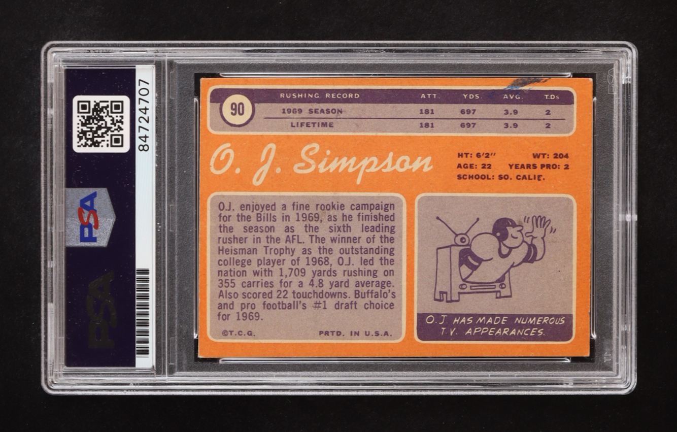 O. J. Simpson Signed 1970 Topps #90 RC Inscribed "The Juice" (PSA) at PristineAuction.com O. J. Simpson Signed 1970 Topps #90 RC Inscribed "The Juice" (PSA) at PristineAuction.com