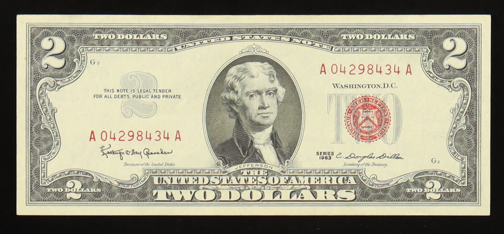 1963 U.S. $2 Legal Tender Note, Red Seal - Fr.1513 (AA Block) at PristineAuction.com 1963 U.S. $2 Legal Tender Note, Red Seal - Fr.1513 (AA Block) at PristineAuction.com