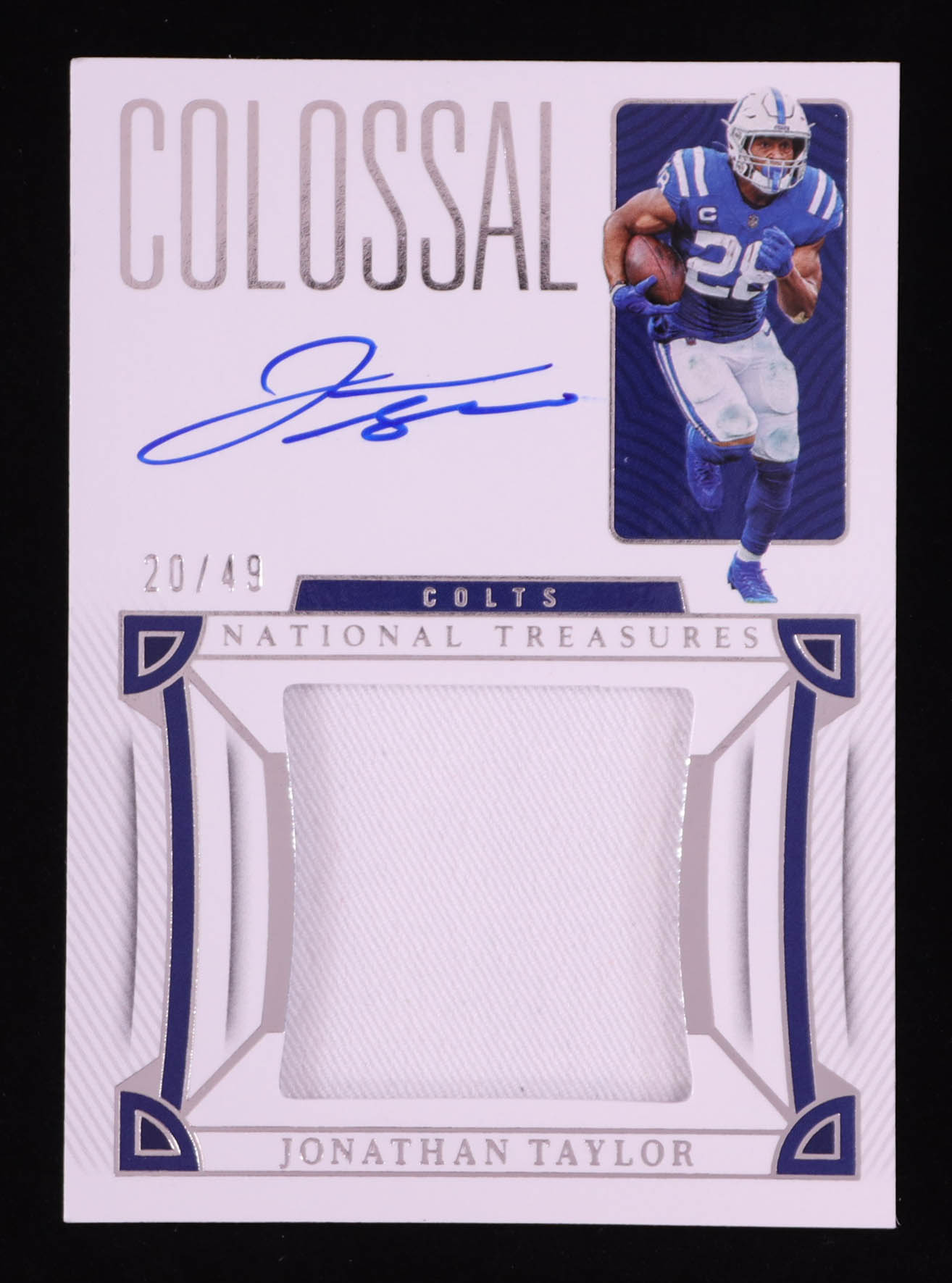 Jonathan Taylor 2022 Panini National Treasures Colossal Signatures Swatch Silver #CS-JTA #20/49 at PristineAuction.com Jonathan Taylor 2022 Panini National Treasures Colossal Signatures Swatch Silver #CS-JTA #20/49 at PristineAuction.com