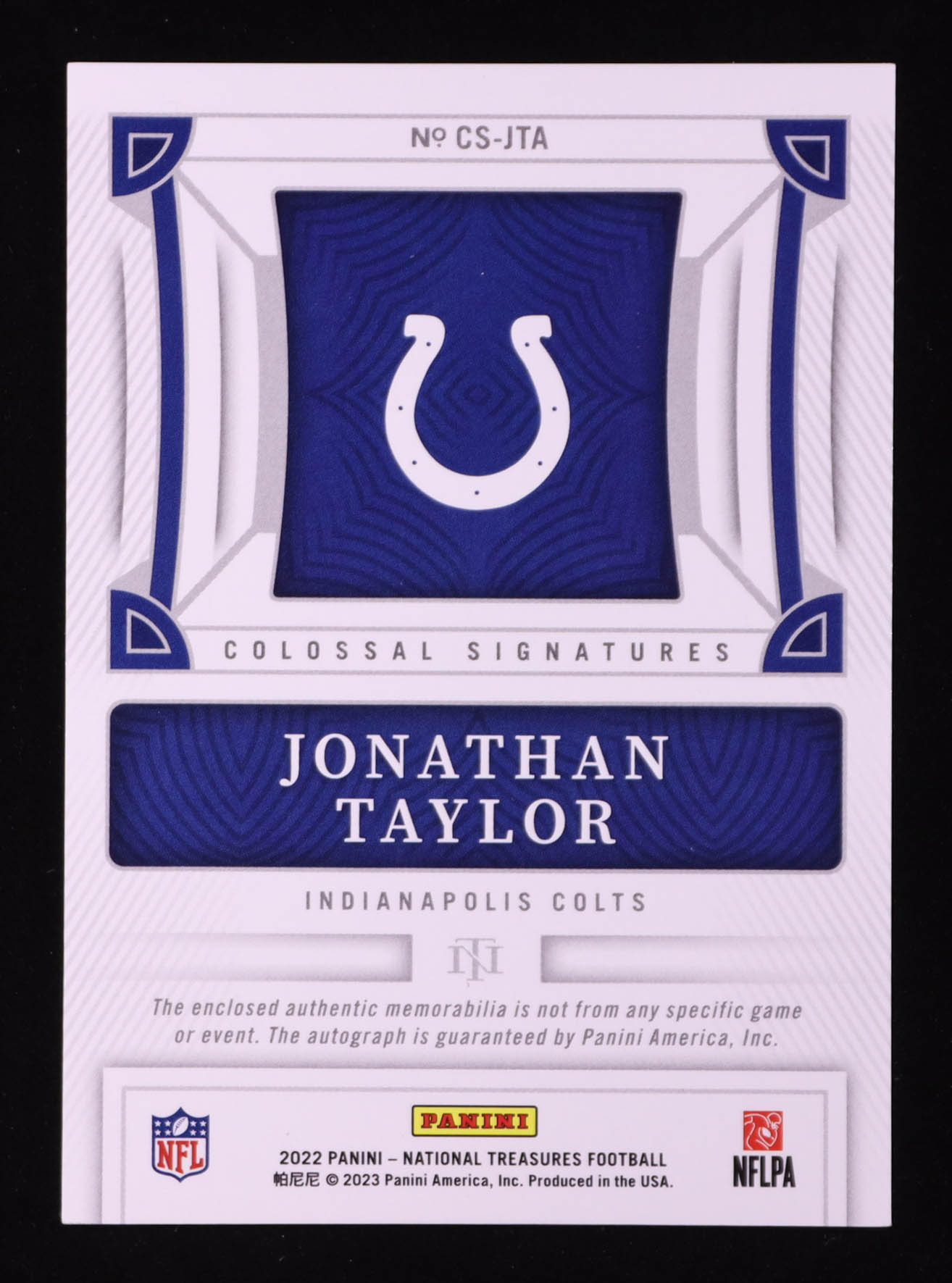Jonathan Taylor 2022 Panini National Treasures Colossal Signatures Swatch Silver #CS-JTA #20/49 at PristineAuction.com Jonathan Taylor 2022 Panini National Treasures Colossal Signatures Swatch Silver #CS-JTA #20/49 at PristineAuction.com