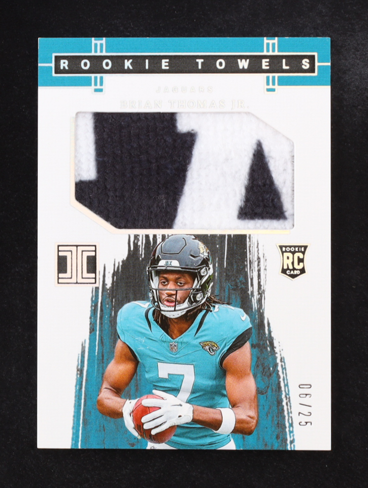 Brian Thomas Jr. 2024 Panini Impeccable Rookie Towels Silver #6 RC #6/25 at PristineAuction.com Brian Thomas Jr. 2024 Panini Impeccable Rookie Towels Silver #6 RC #6/25 at PristineAuction.com