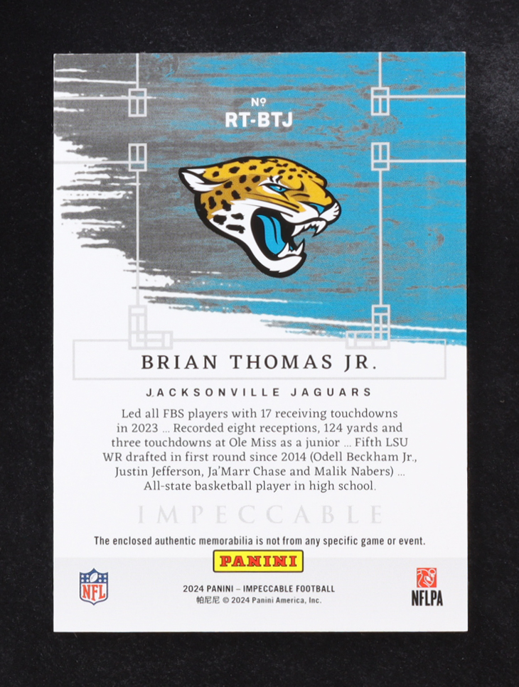 Brian Thomas Jr. 2024 Panini Impeccable Rookie Towels Silver #6 RC #6/25 at PristineAuction.com Brian Thomas Jr. 2024 Panini Impeccable Rookie Towels Silver #6 RC #6/25 at PristineAuction.com