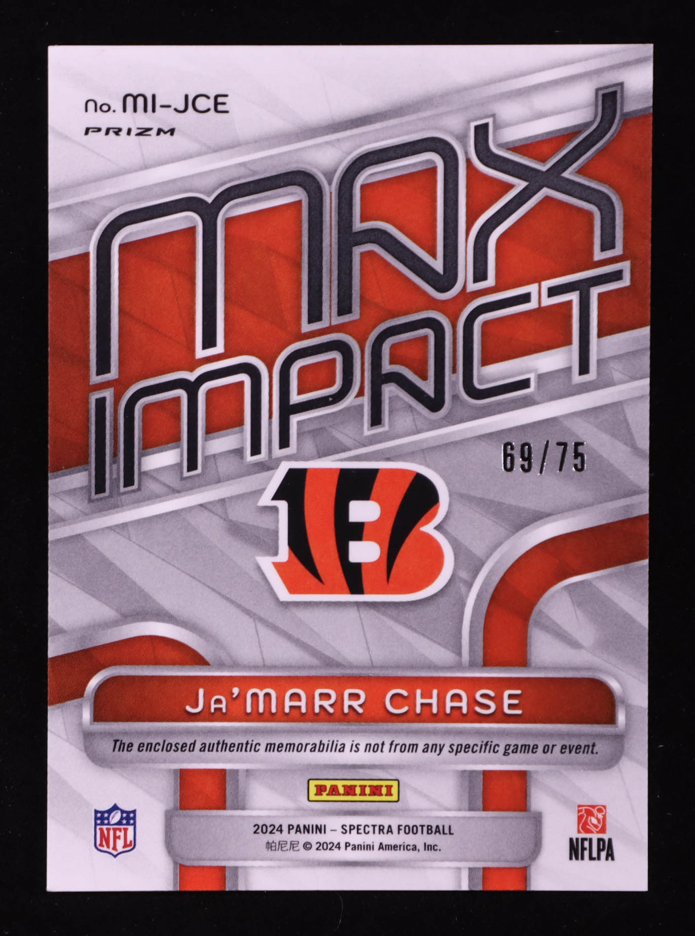 Ja'Marr Chase 2024 Panini Spectra Max Impact Materials Hyper #16 #69/75 at PristineAuction.com Ja'Marr Chase 2024 Panini Spectra Max Impact Materials Hyper #16 #69/75 at PristineAuction.com