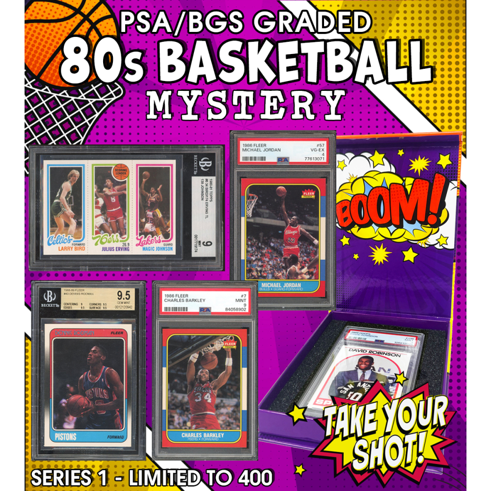 NEW PRISTINE EXCLUSIVE! All PSA/BGS Graded 80&rsquo;s Basketball BOOM BOX, Decade Edition Mystery Box! Limited to only 400 packs! at PristineAuction.com