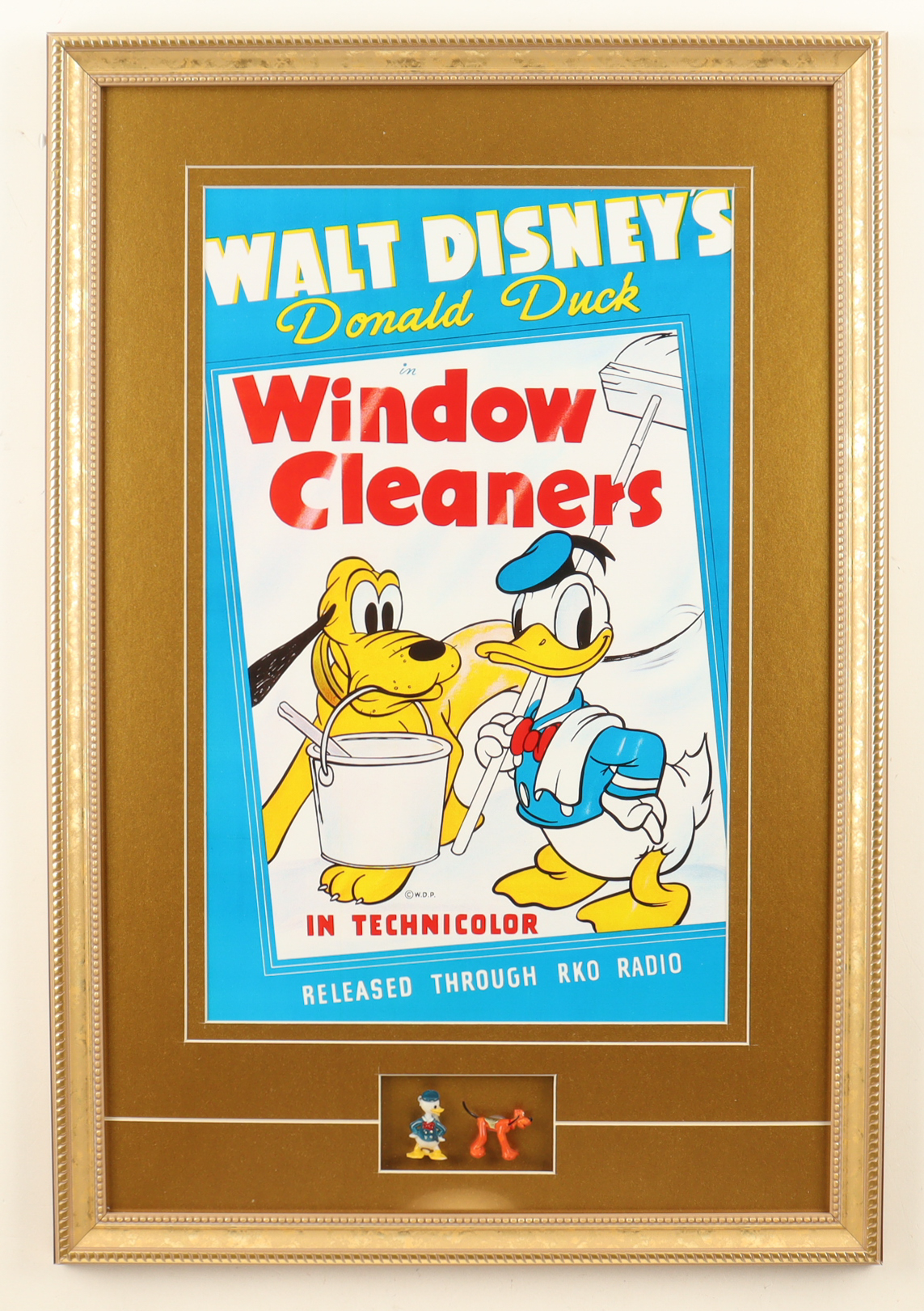 "Walt Disney's Donald Duck in Window Cleaners" Custom Framed Poster Display Including Two Vintage 1960 Disney Donald Duck and Pluto Figurines at PristineAuction.com "Walt Disney's Donald Duck in Window Cleaners" Custom Framed Poster Display Including Two Vintage 1960 Disney Donald Duck and Pluto Figurines at PristineAuction.com