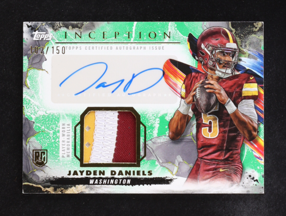 Jayden Daniels 2024 Topps Inception Provenance Patch Autographs Green #PPAJD RC #102/150