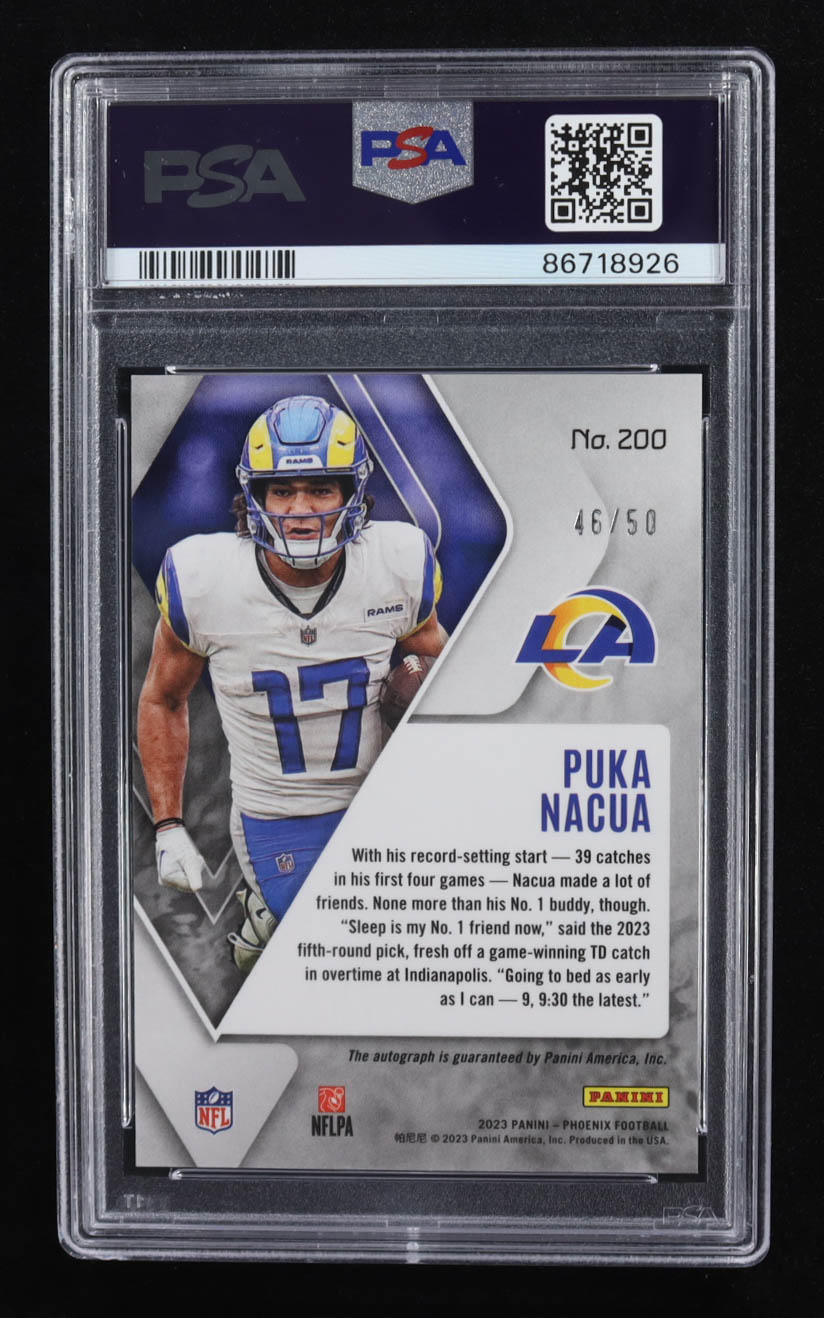 Puka Nacua 2023 Panini Phoenix Rookie Autographs Orange #200 #46/50 RC (PSA 9) at PristineAuction.com Puka Nacua 2023 Panini Phoenix Rookie Autographs Orange #200 #46/50 RC (PSA 9) at PristineAuction.com
