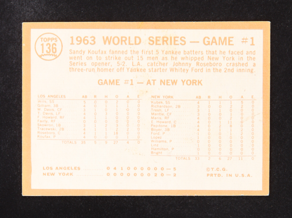 Sandy Koufax 1964 Topps Strikes Out 15 World Series #136 at PristineAuction.com Sandy Koufax 1964 Topps Strikes Out 15 World Series #136 at PristineAuction.com