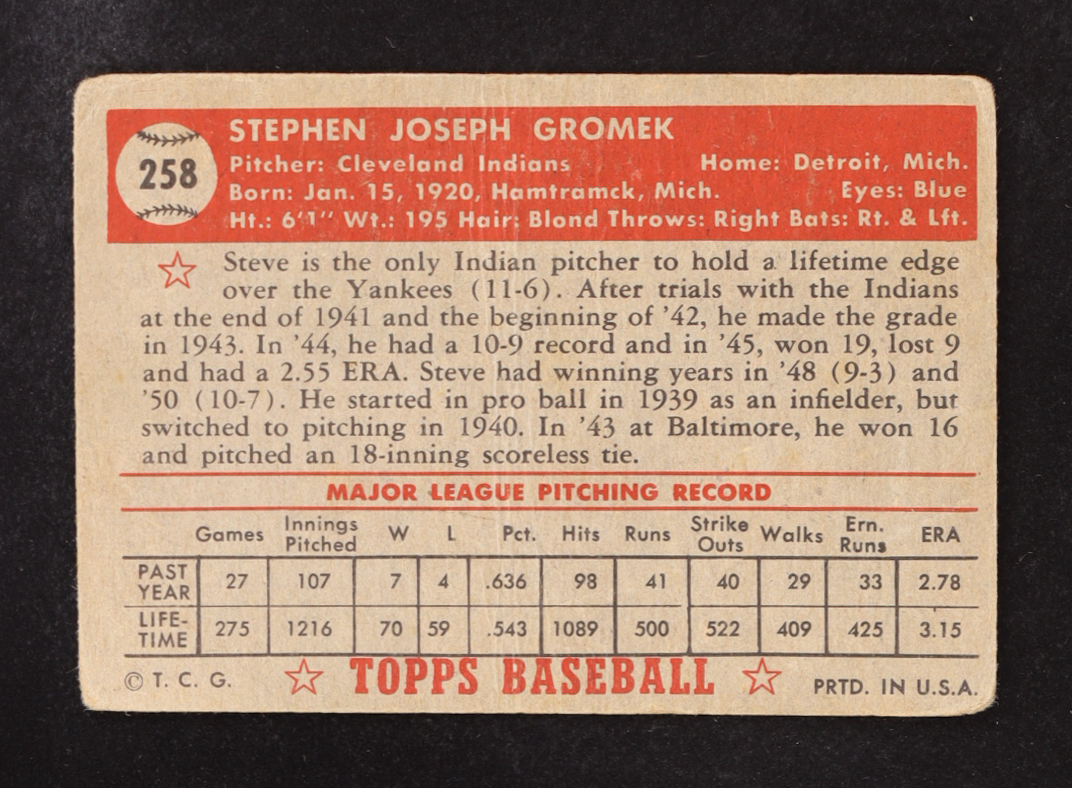 Steve Gromek 1952 Topps #258 at PristineAuction.com Steve Gromek 1952 Topps #258 at PristineAuction.com