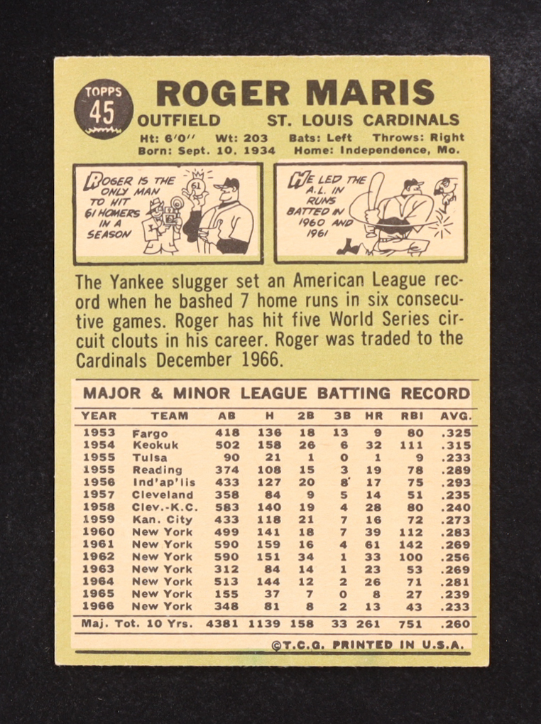 Roger Maris 1967 Topps #45 at PristineAuction.com Roger Maris 1967 Topps #45 at PristineAuction.com