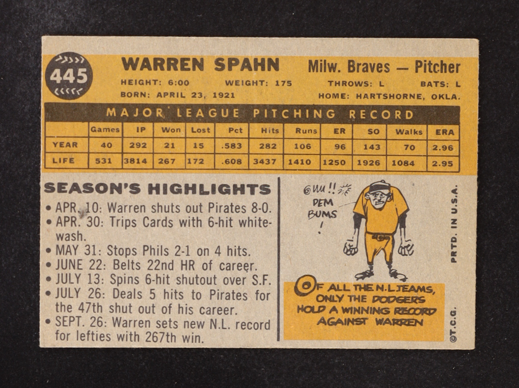 Warren Spahn 1960 Topps #445 at PristineAuction.com Warren Spahn 1960 Topps #445 at PristineAuction.com