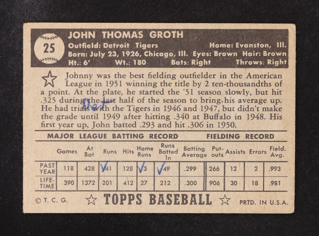Johnny Groth 1952 Topps #25 at PristineAuction.com Johnny Groth 1952 Topps #25 at PristineAuction.com