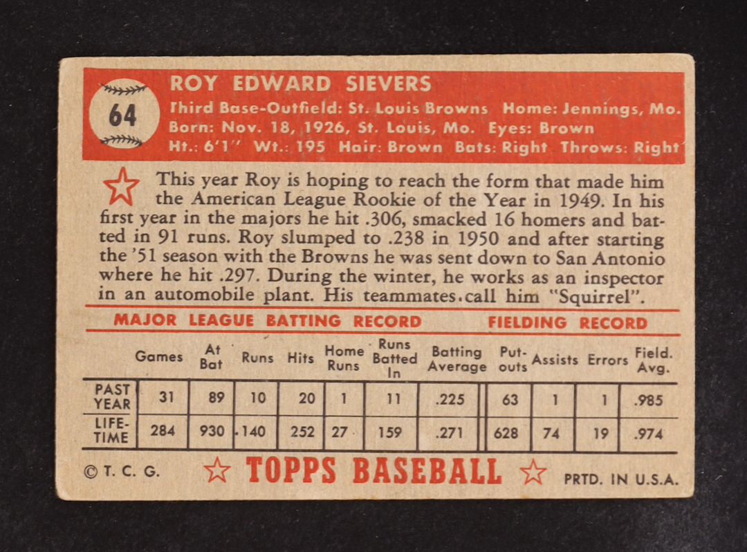 Roy Sievers 1952 Topps #64 at PristineAuction.com Roy Sievers 1952 Topps #64 at PristineAuction.com
