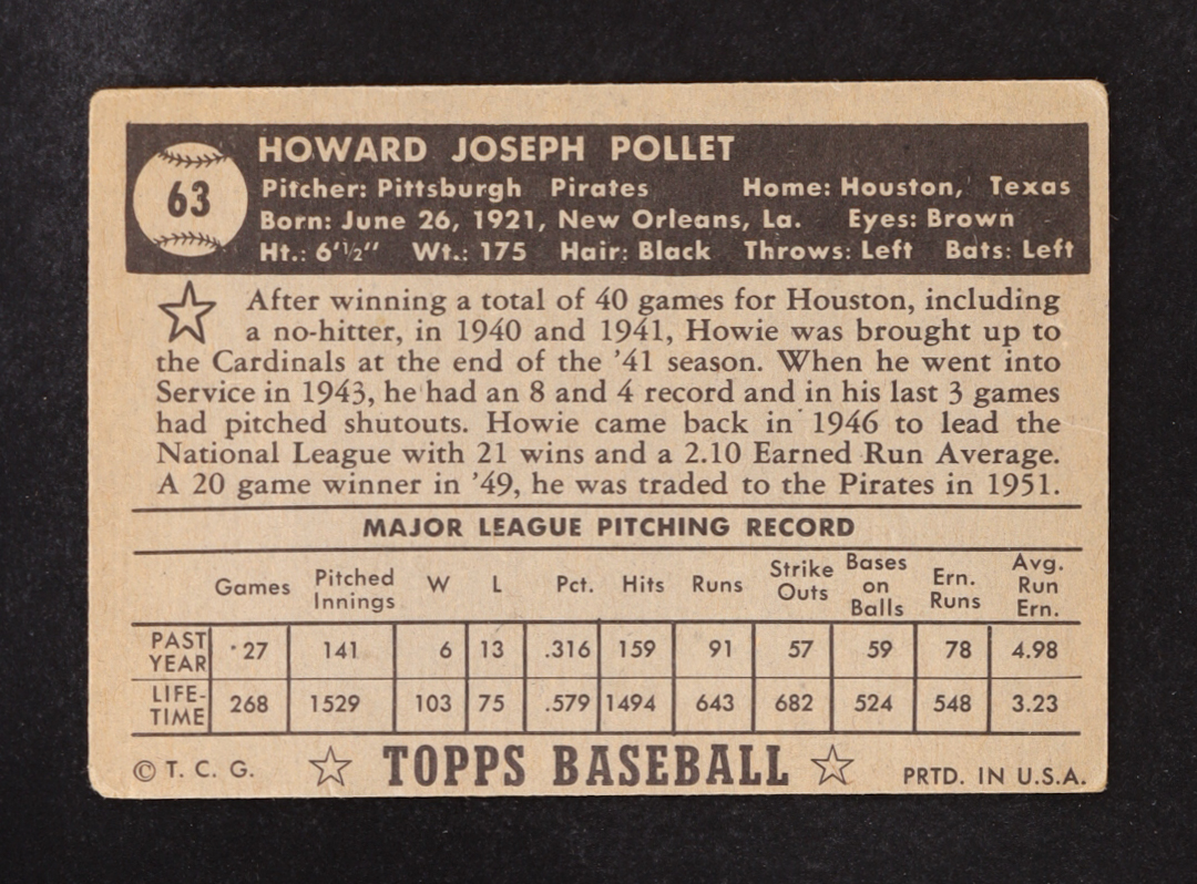 Howie Pollet 1952 Topps #63 at PristineAuction.com Howie Pollet 1952 Topps #63 at PristineAuction.com