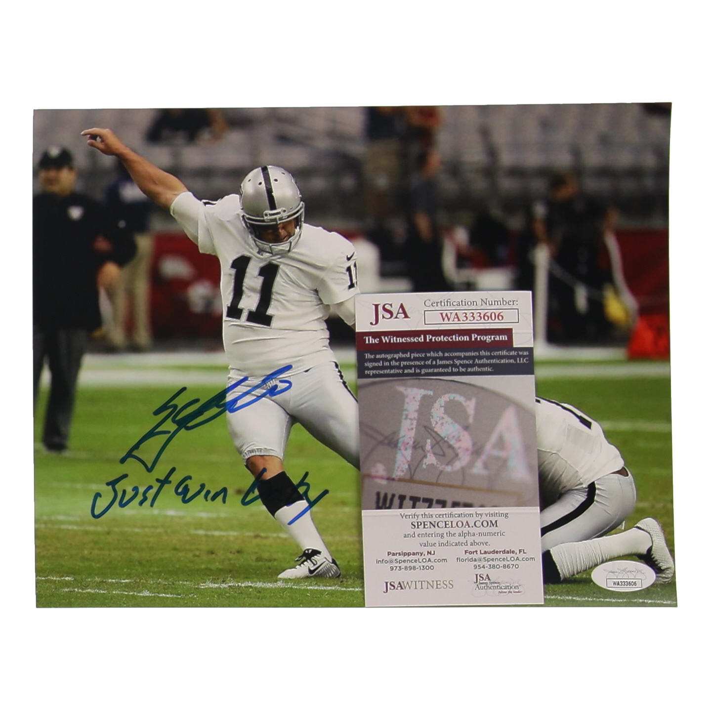 Sebasian Janikowski Signed Raiders 8x10 Photo Inscribed "Just Win Baby" (JSA) at PristineAuction.com Sebasian Janikowski Signed Raiders 8x10 Photo Inscribed "Just Win Baby" (JSA) at PristineAuction.com