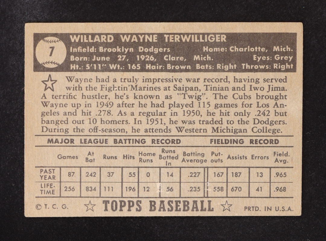 Willard Terwilliger 1952 Topps #7 at PristineAuction.com Willard Terwilliger 1952 Topps #7 at PristineAuction.com