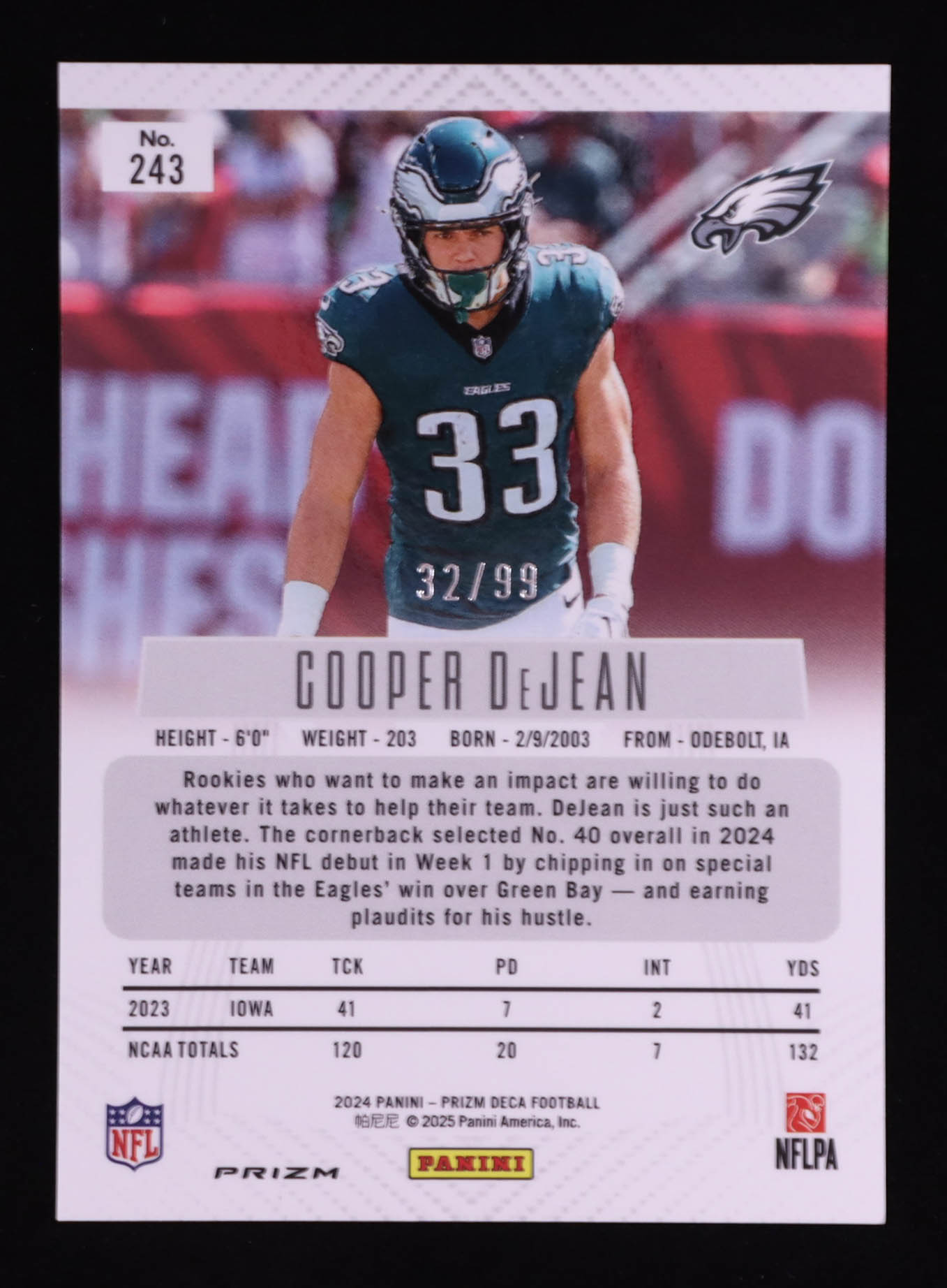 Cooper DeJean 2024 Panini Prizm Deca Prizms Purple #243 RC #32/99 at PristineAuction.com Cooper DeJean 2024 Panini Prizm Deca Prizms Purple #243 RC #32/99 at PristineAuction.com