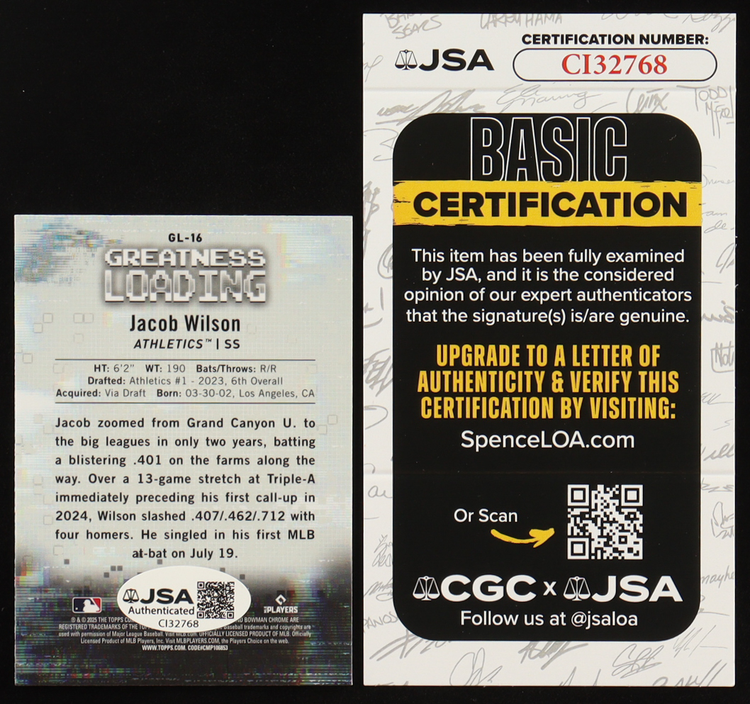 Jacob Wilson Signed 2025 Bowman Chrome Greatness Loading #GL16 RC (JSA) at PristineAuction.com Jacob Wilson Signed 2025 Bowman Chrome Greatness Loading #GL16 RC (JSA) at PristineAuction.com