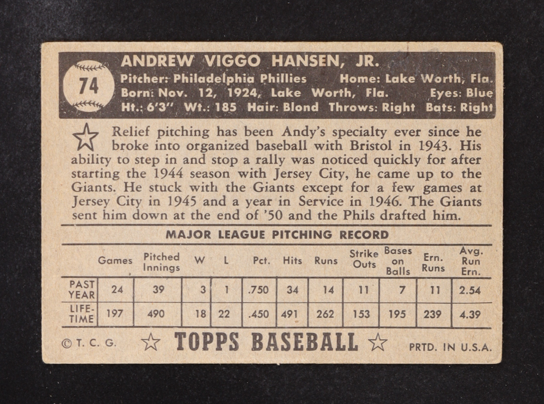 Andy Hansen 1952 Topps #74 at PristineAuction.com Andy Hansen 1952 Topps #74 at PristineAuction.com