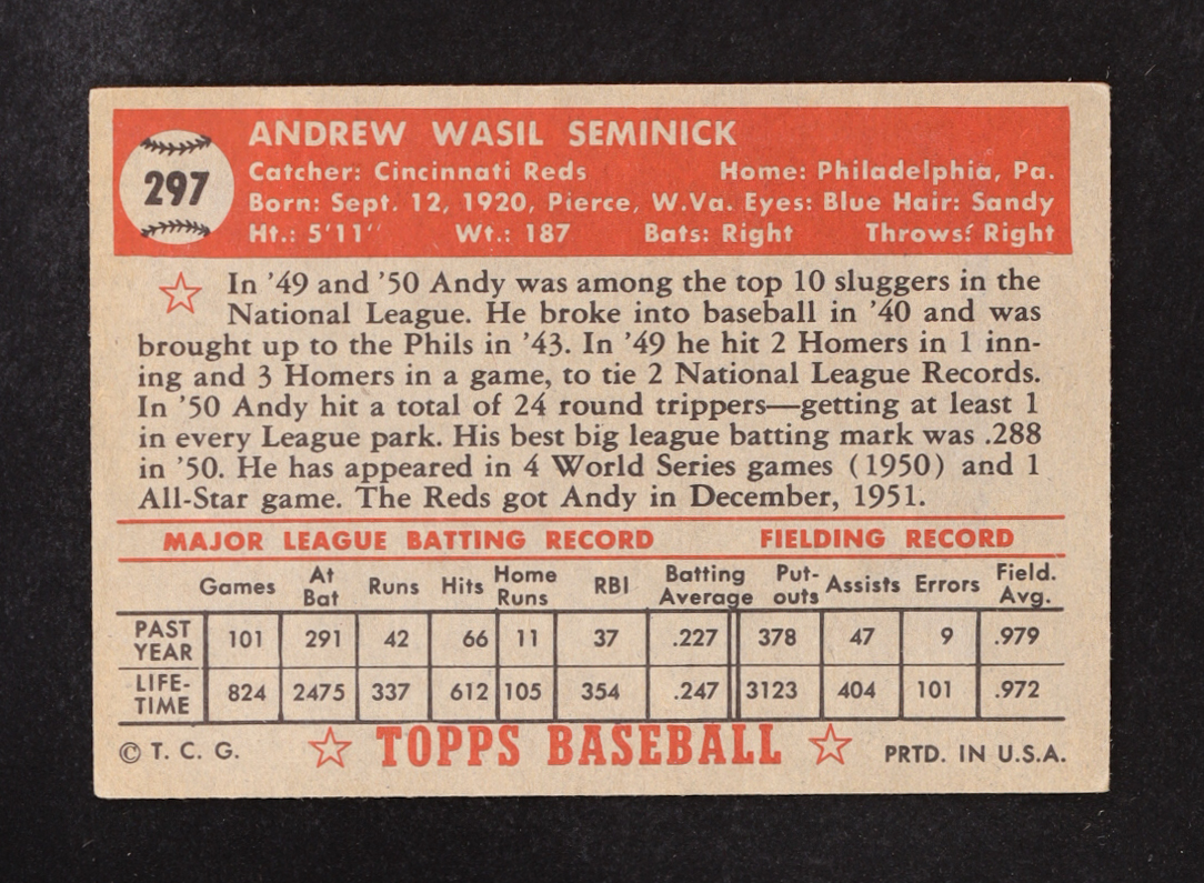 Andy Seminick 1952 Topps #297 at PristineAuction.com Andy Seminick 1952 Topps #297 at PristineAuction.com