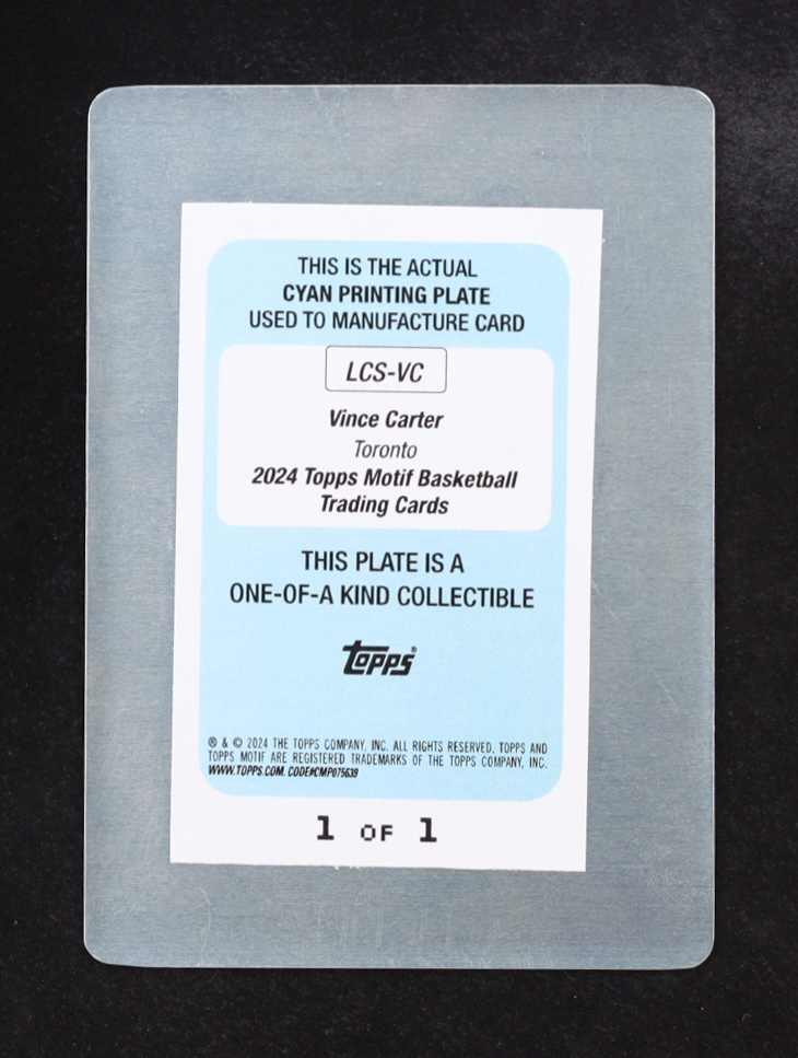 Vince Carter 2024 Topps Motif Autographs Cyan Printing Plate #LCSVC #1/1 at PristineAuction.com Vince Carter 2024 Topps Motif Autographs Cyan Printing Plate #LCSVC #1/1 at PristineAuction.com