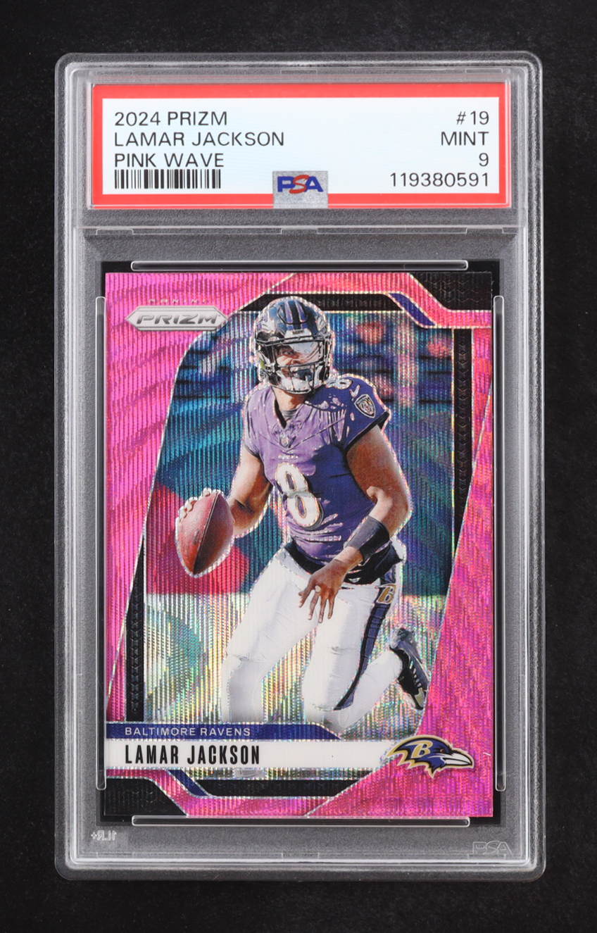 Lamar Jackson 2024 Panini Prizm Prizms Pink Wave #19 (PSA 9) at PristineAuction.com Lamar Jackson 2024 Panini Prizm Prizms Pink Wave #19 (PSA 9) at PristineAuction.com