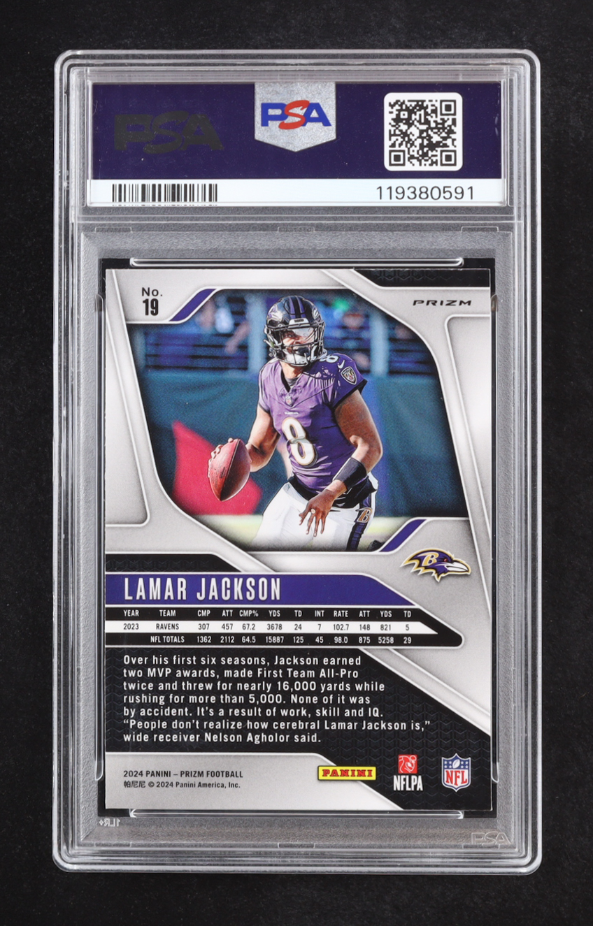 Lamar Jackson 2024 Panini Prizm Prizms Pink Wave #19 (PSA 9) at PristineAuction.com Lamar Jackson 2024 Panini Prizm Prizms Pink Wave #19 (PSA 9) at PristineAuction.com