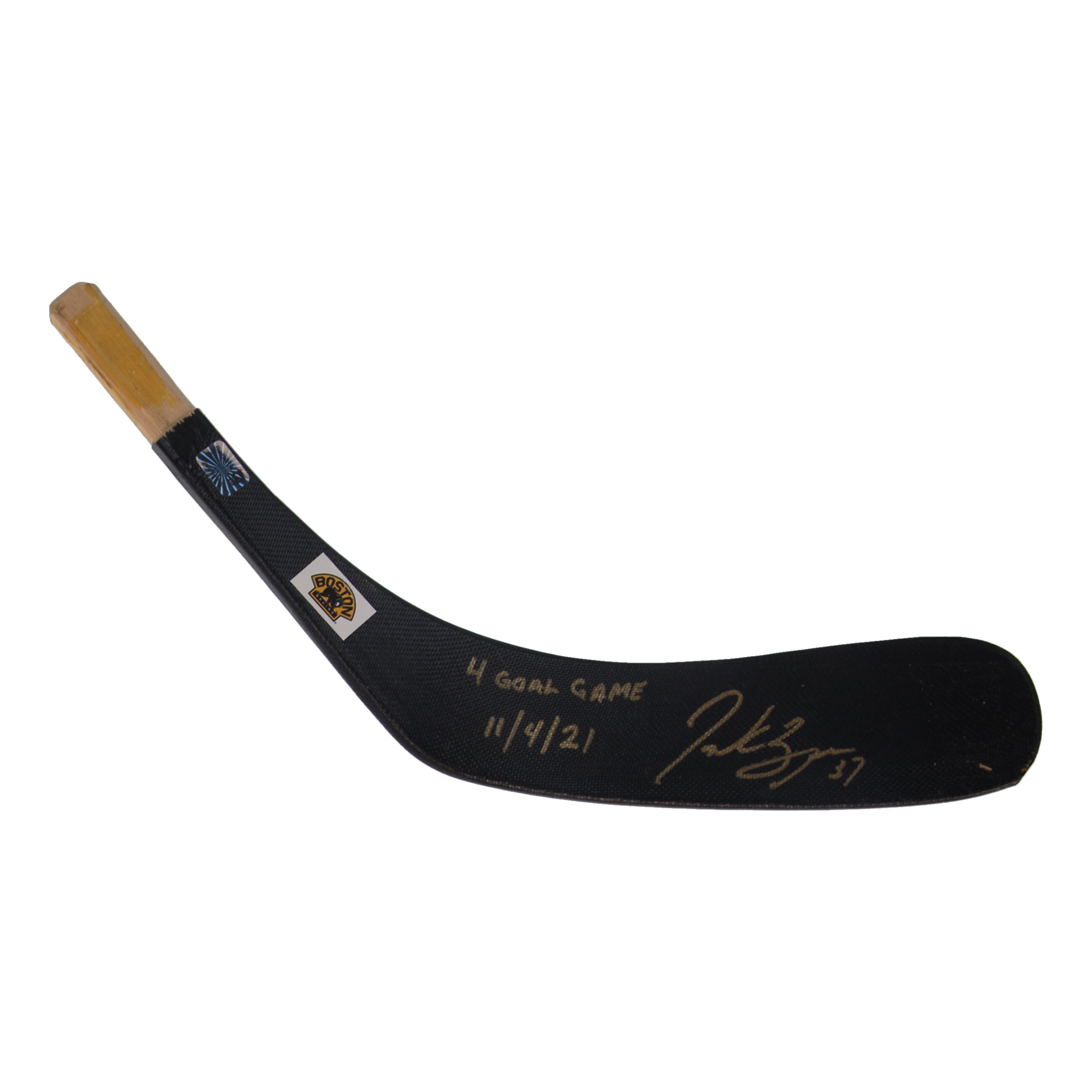 Patrice Bergeron Signed Bruins Bauer Hockey Stick Blade Inscribed "4 Goal Game 11/4/21" (YSMS) at PristineAuction.com Patrice Bergeron Signed Bruins Bauer Hockey Stick Blade Inscribed "4 Goal Game 11/4/21" (YSMS) at PristineAuction.com