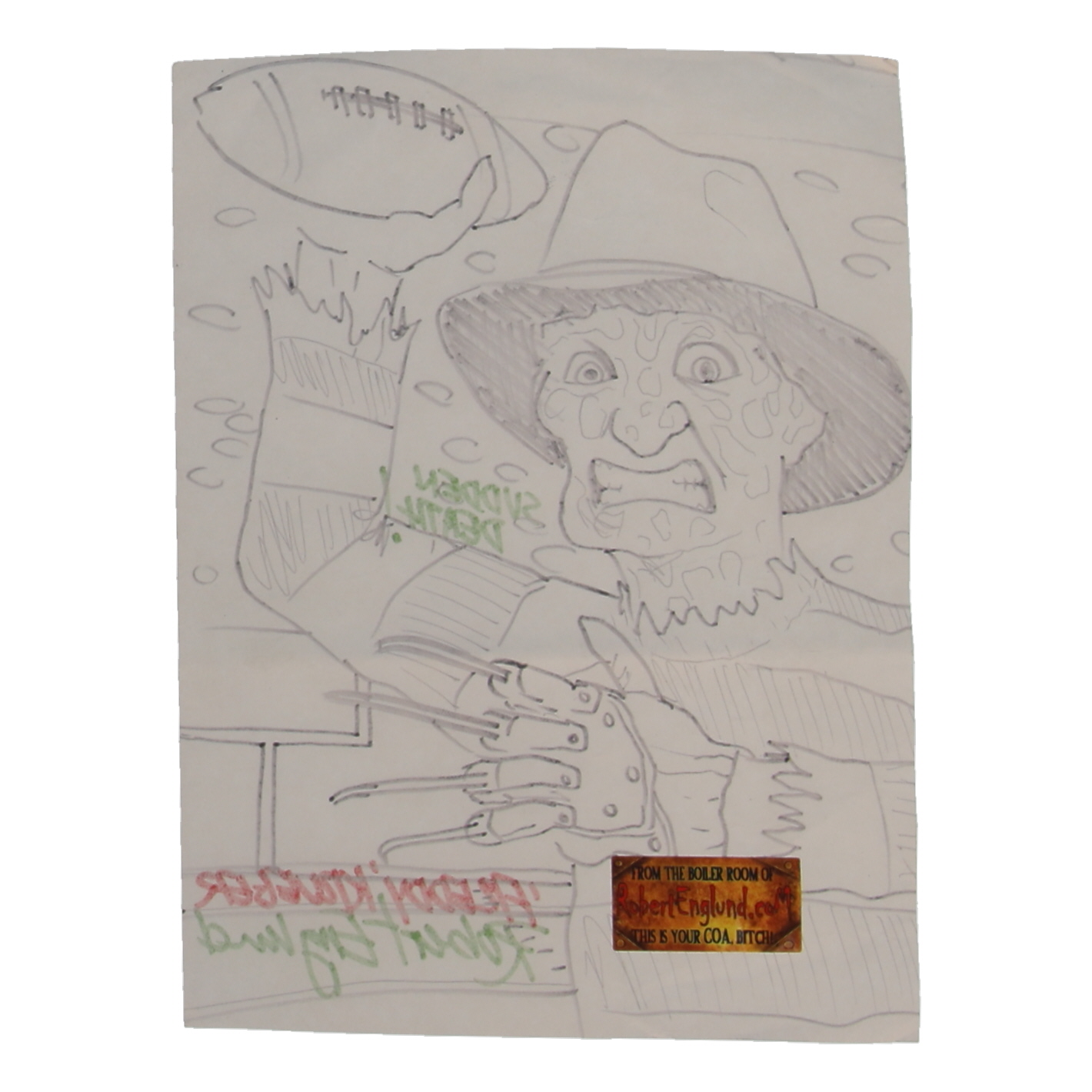 Robert Englund Signed "A Nightmare on Elm Street" 8x10.5 Original Sketch Inscribed "Freddy Krueger" & "Sudden Death!" (Englund) at PristineAuction.com Robert Englund Signed "A Nightmare on Elm Street" 8x10.5 Original Sketch Inscribed "Freddy Krueger" & "Sudden Death!" (Englund) at PristineAuction.com