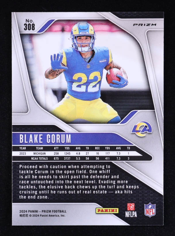 Blake Corum 2024 Panini Prizm Prizms Black and White Checker #308 RC at PristineAuction.com Blake Corum 2024 Panini Prizm Prizms Black and White Checker #308 RC at PristineAuction.com