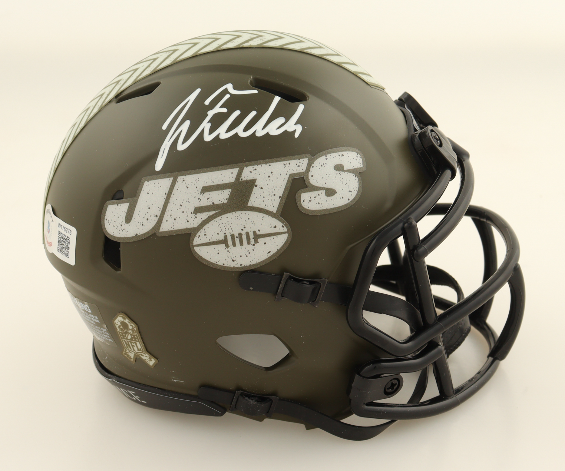 Justin Fields Signed Jets Salute To Service Alternate Speed Mini Helmet (Beckett) at PristineAuction.com Justin Fields Signed Jets Salute To Service Alternate Speed Mini Helmet (Beckett) at PristineAuction.com
