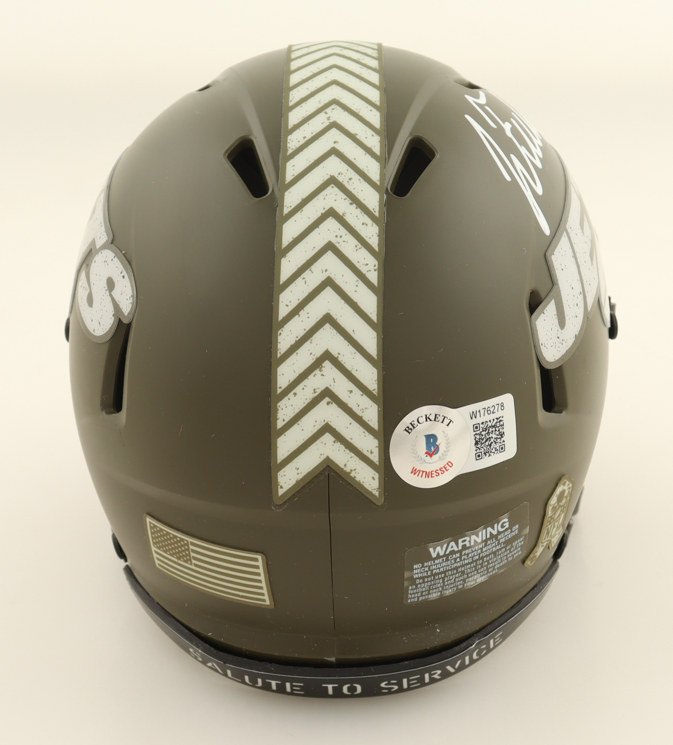 Justin Fields Signed Jets Salute To Service Alternate Speed Mini Helmet (Beckett) at PristineAuction.com Justin Fields Signed Jets Salute To Service Alternate Speed Mini Helmet (Beckett) at PristineAuction.com