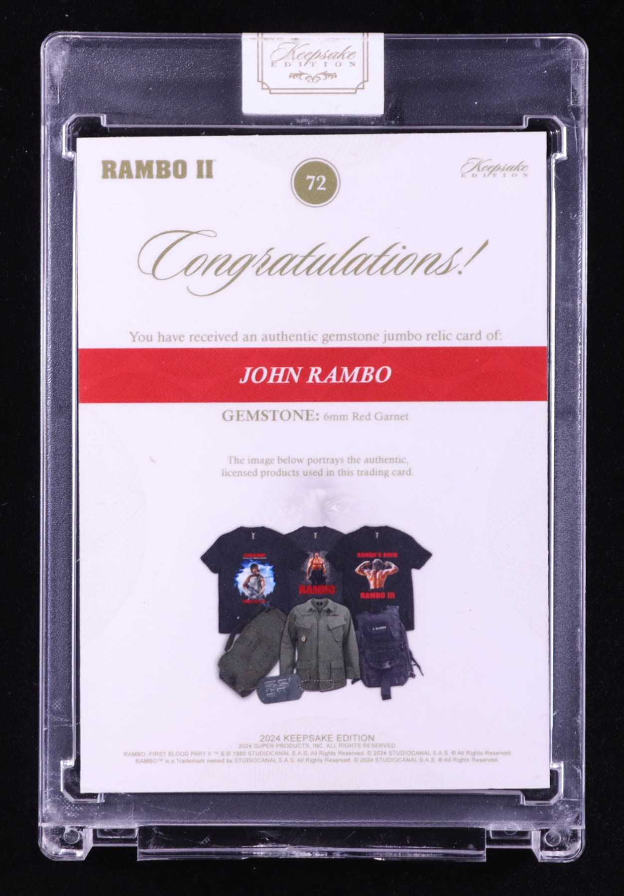 John Rambo 2024 Keepsake Edition Gemstone Jumbo Red Garnet Authentic Rambo II #72 #35/50 at PristineAuction.com John Rambo 2024 Keepsake Edition Gemstone Jumbo Red Garnet Authentic Rambo II #72 #35/50 at PristineAuction.com