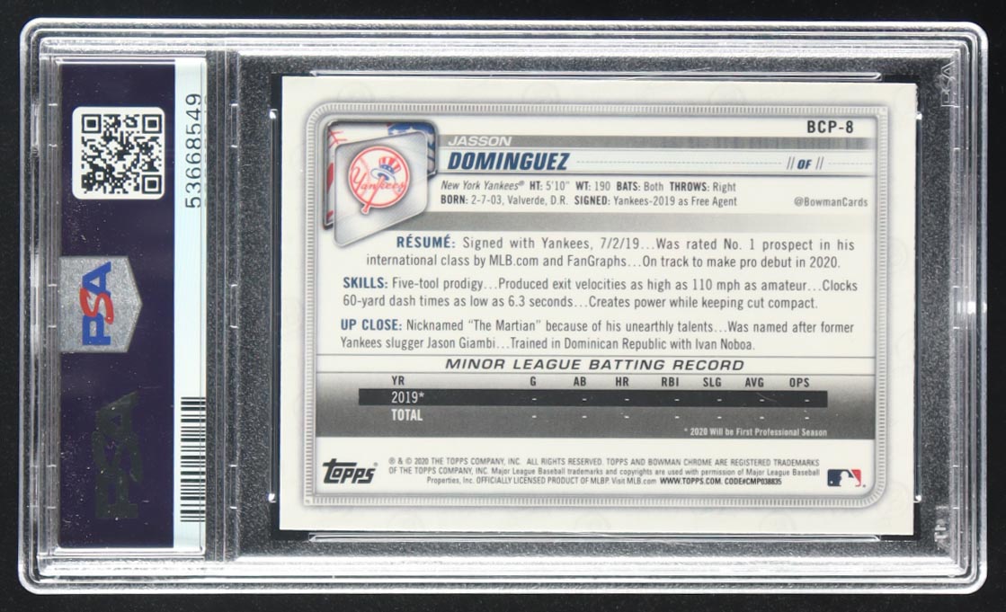 Jasson Dominguez 2020 Bowman Chrome Mega Box Prospects Refractors #BCP8 RC (PSA 10) at PristineAuction.com Jasson Dominguez 2020 Bowman Chrome Mega Box Prospects Refractors #BCP8 RC (PSA 10) at PristineAuction.com