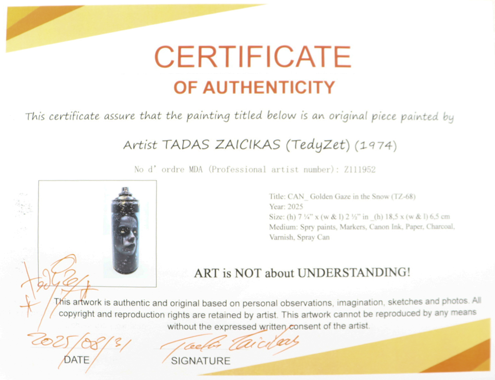 "Golden Gaze in the Snow" Original Spray Can Art by Tadas Zaicikas | TedyZet (Zaicikas) at PristineAuction.com "Golden Gaze in the Snow" Original Spray Can Art by Tadas Zaicikas | TedyZet (Zaicikas) at PristineAuction.com