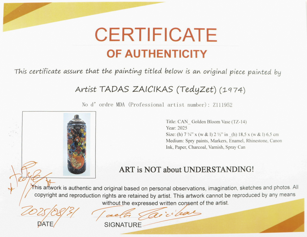 "Golden Bloom Vase" Original Spray Can Art by Tadas Zaicikas | TedyZet (Zaicikas) at PristineAuction.com "Golden Bloom Vase" Original Spray Can Art by Tadas Zaicikas | TedyZet (Zaicikas) at PristineAuction.com
