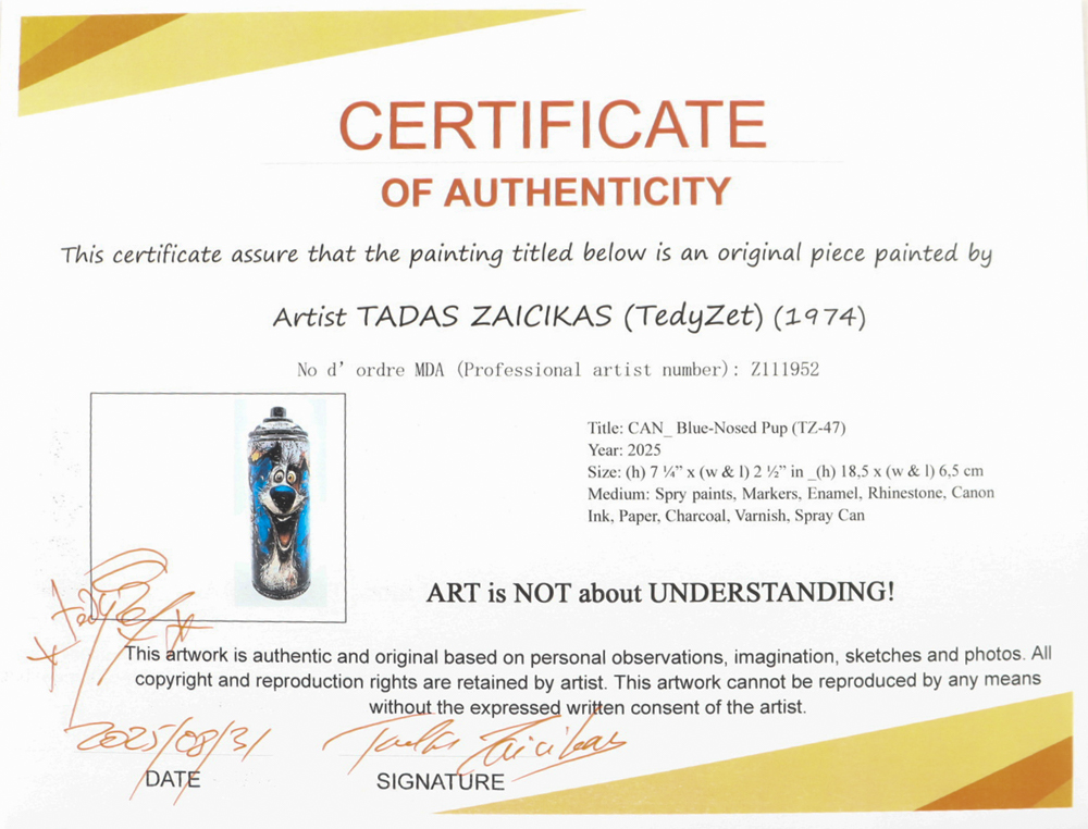 "Blue-Nosed Pup" Original Spray Can Art by Tadas Zaicikas | TedyZet (Zaicikas) at PristineAuction.com "Blue-Nosed Pup" Original Spray Can Art by Tadas Zaicikas | TedyZet (Zaicikas) at PristineAuction.com