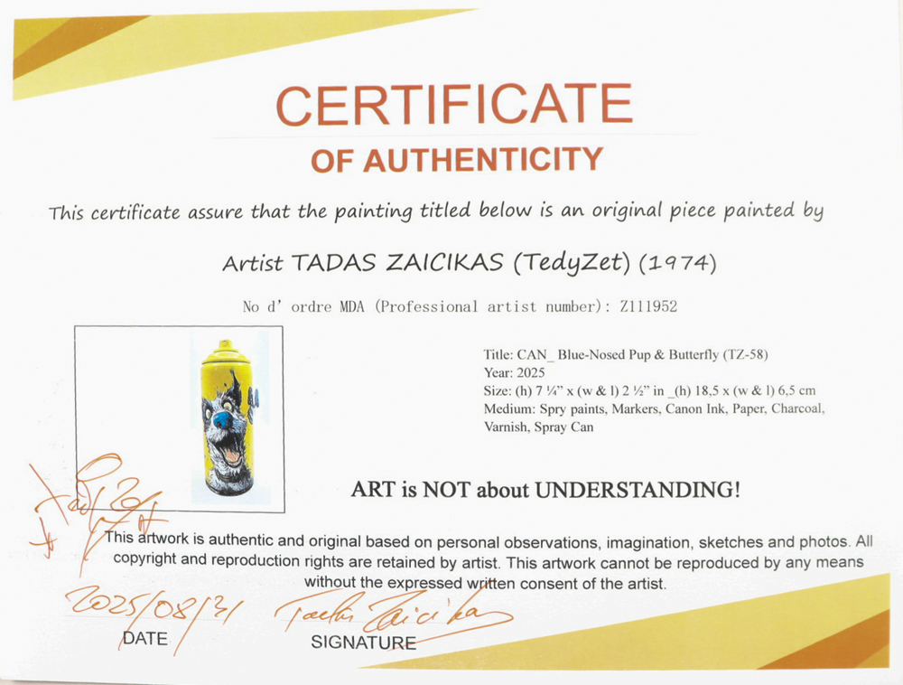 "Blue-Nosed Pup & Butterfly" Original Spray Can Art by Tadas Zaicikas | TedyZet (Zaicikas) at PristineAuction.com "Blue-Nosed Pup & Butterfly" Original Spray Can Art by Tadas Zaicikas | TedyZet (Zaicikas) at PristineAuction.com
