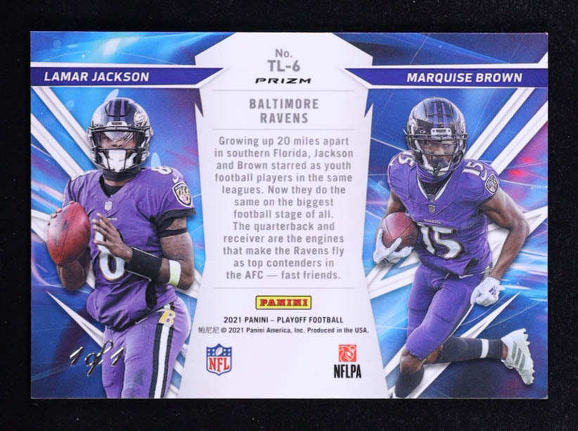 Lamar Jackson / Marquise Brown 2021 Playoff Thunder and Lightning Touchdown #6 #1/1 at PristineAuction.com Lamar Jackson / Marquise Brown 2021 Playoff Thunder and Lightning Touchdown #6 #1/1 at PristineAuction.com