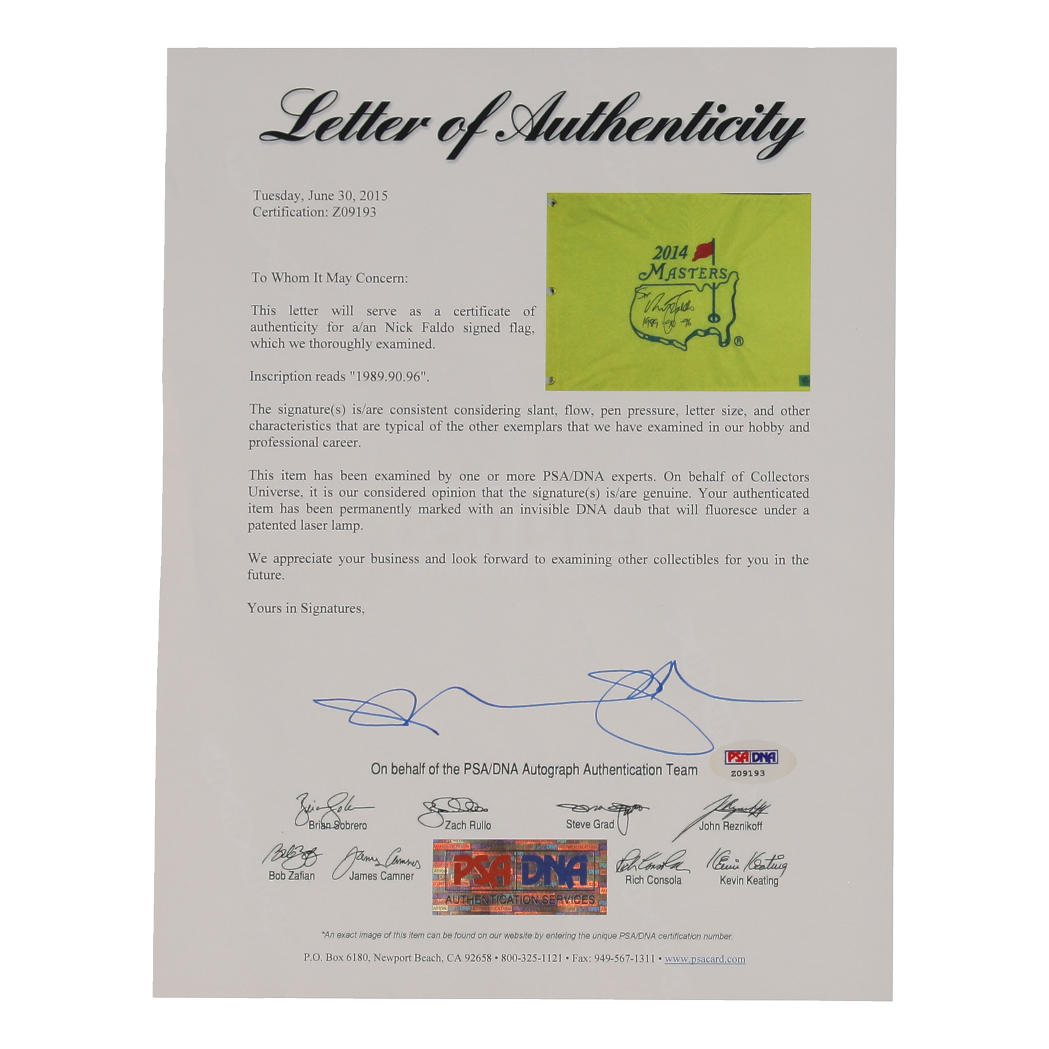 Nick Faldo Signed Masters Tournament Pin Flag Inscribed "1989, 90, 96" (PSA) at PristineAuction.com Nick Faldo Signed Masters Tournament Pin Flag Inscribed "1989, 90, 96" (PSA) at PristineAuction.com