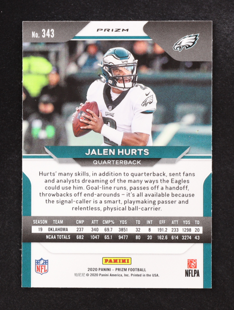 Jalen Hurts 2020 Panini Prizm Prizms Red Ice #343 RC at PristineAuction.com Jalen Hurts 2020 Panini Prizm Prizms Red Ice #343 RC at PristineAuction.com