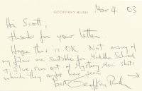 Geoffrey Rush Signed 4x6.5 Hand-Written Letter (PSA) at PristineAuction.com
