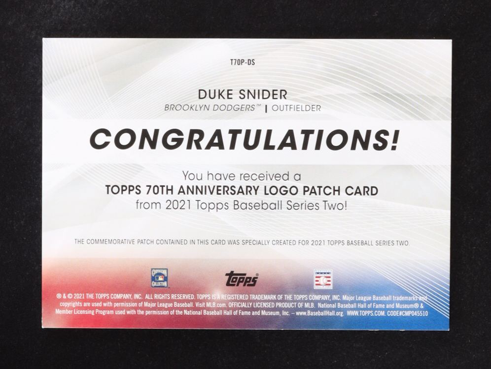 Duke Snider 2021 Topps 70th Commemorative Anniversary Logo Patch #70LP-DS at PristineAuction.com Duke Snider 2021 Topps 70th Commemorative Anniversary Logo Patch #70LP-DS at PristineAuction.com