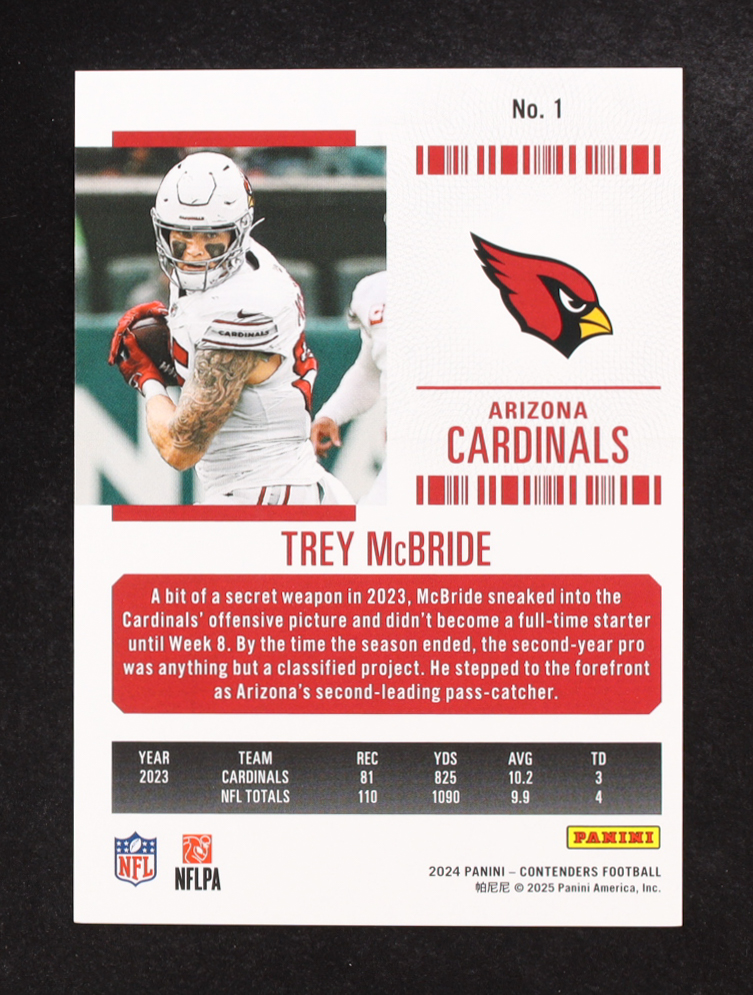 Trey McBride 2024 Panini Contenders Game Ticket Teal #1 #60/75 at PristineAuction.com Trey McBride 2024 Panini Contenders Game Ticket Teal #1 #60/75 at PristineAuction.com