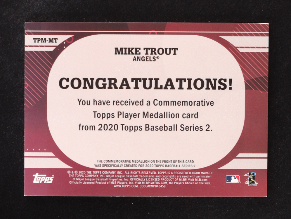 Mike Trout 2020 Topps Commemorative Player Medallion #TPM-MT at PristineAuction.com Mike Trout 2020 Topps Commemorative Player Medallion #TPM-MT at PristineAuction.com