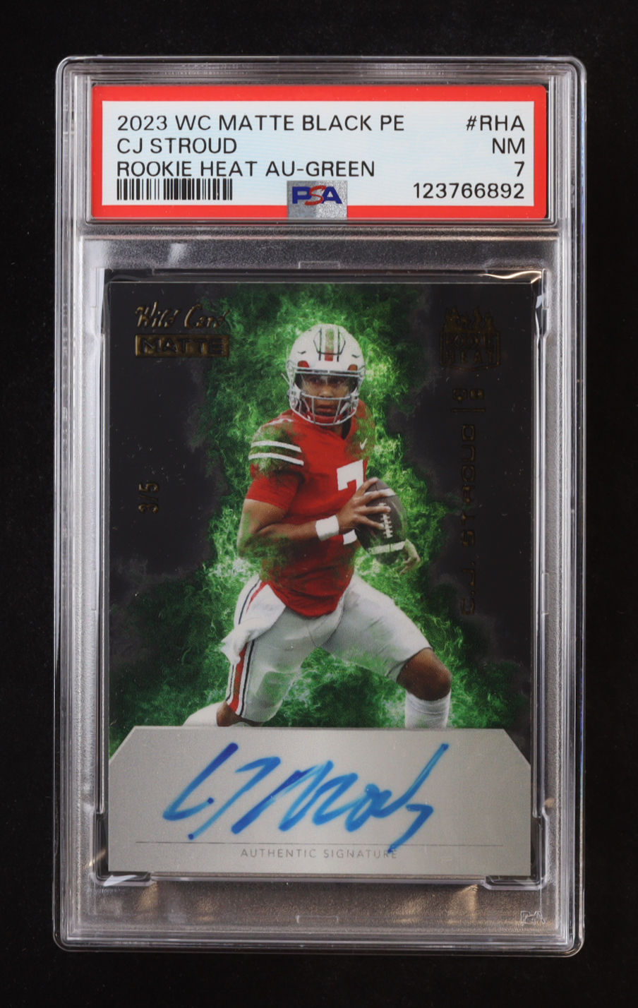 C.J Stroud 2023 Wild Card National Convention Matte Black Rookie Heat Green #RHA #3/5 RC (PSA 7) at PristineAuction.com C.J Stroud 2023 Wild Card National Convention Matte Black Rookie Heat Green #RHA #3/5 RC (PSA 7) at PristineAuction.com